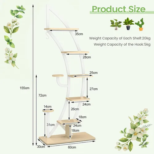 Vista 9 de Soporte de metal para plantas de 6 niveles, estante para plantas en forma de media luna para interiores con colgador y dispositivo antivuelco