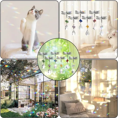Vista 6 de WEISIPU Prisma atrapasoles de cristal – Atrapasoles de libélula para ventanas colgantes de arco iris, adorno de libélula de metal de cristal K9