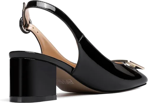 Vista 5 de WAYDERNS Zapatos de tacón bajo grueso con hebilla rectangular de metal dorado para mujer, correa de tobillo y punta cuadrada, 2 pulgadas