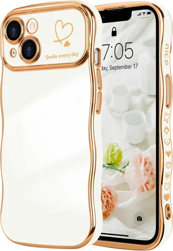 Vista 26 de LCHULLE - Funda para iPhone Air, linda para mujeres y niñas, con forma de onda, color azul bebé Luxury Plating Curly Wavy Frame with Love Heart