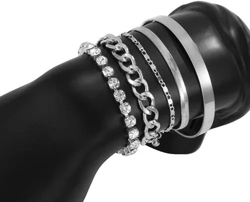 Vista 2 de fxmimior Juego de 5 pulseras apilables de cadena dorada y plata con diamantes de imitación para mujer, con cuentas ajustables, cadena de cable plano