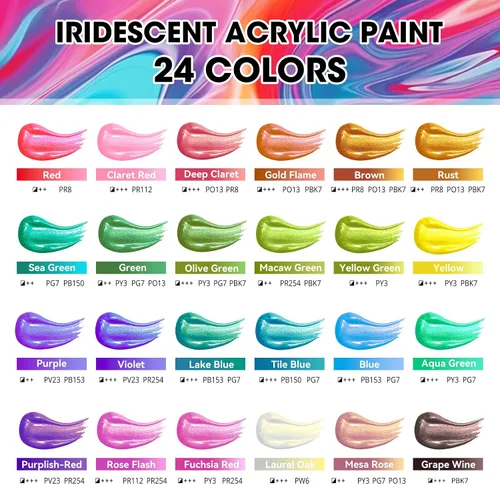 Vista 5 de Juego de pintura acrílica iridiscente de 40 piezas con 12 pinceles, 2 cuchillos y paleta, 24 colores (2 onzas/60 ml) - para adultos, artistas