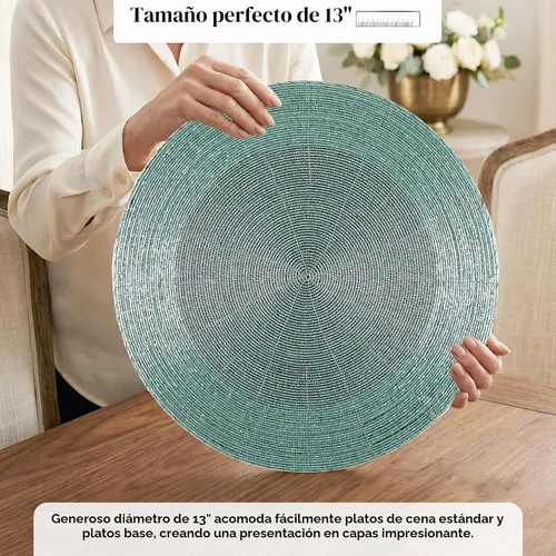 Vista 4 de 4 Piezas Manteles Individuales con Cuentas - Manteles de Mesa Redondos de Cuentas de Vidrio de 13 Pulgadas con Respaldo de Algodón - Elegantes