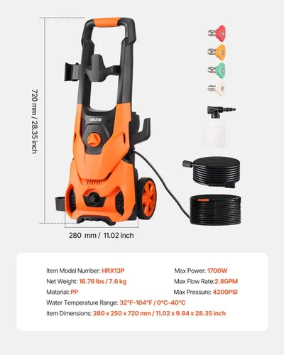Vista 7 de VEVOR Lavadora a presión eléctrica, máximo 4200 PSI 2.8 GPM, limpiador de alta potencia con cañón de espuma y 4 boquillas para calzadas
