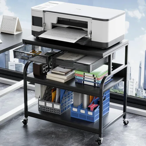 Vista 18 de EasyCom Soporte de impresora grande con cajón de almacenamiento, 5 estantes ajustables y carrito rodante de 3 niveles con ruedas industriales