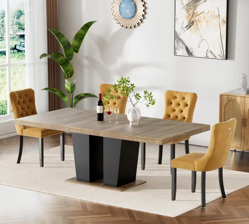 Vista 19 de Juego de mesa de comedor extensible de 63 a 79 pulgadas para 4, moderna mesa de cocina expandible con 4 sillas de terciopelo, mesa de madera gruesa