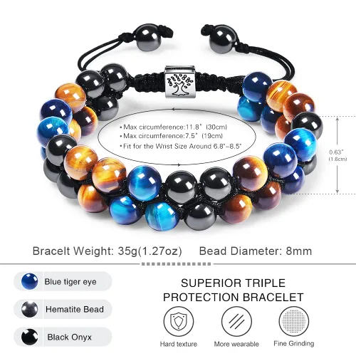 Vista 35 de DHQH Triple Protection Bracelet 8/10MM Hematite Black Agate Tigers Eye Stone Bracelet Crystal Jewelry Healing Bead Bracelets for Men Bring Luck