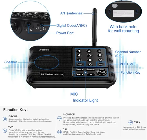 Vista 5 de Wuloo Intercomunicadores inalámbricos para el hogar, rango de 5280 pies, 10 canales 3 códigos, sistema de intercomunicación inalámbrico para casa