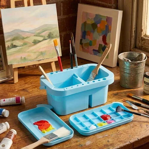 Vista 4 de SEVENY Limpiador de pinceles, soporte y organizador con paleta, azul Bandejas y Enjuagador Incluido, Para Pintura Acrílica, Para Pinturas De