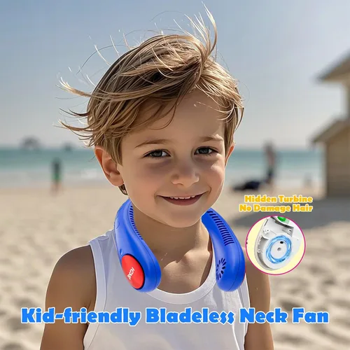Vista 2 de Ventilador de cuello para niños, ventilador de cuello portátil sin aspas para niños de 4 a 14 años, ventilador recargable de 2600 mAh para niñas