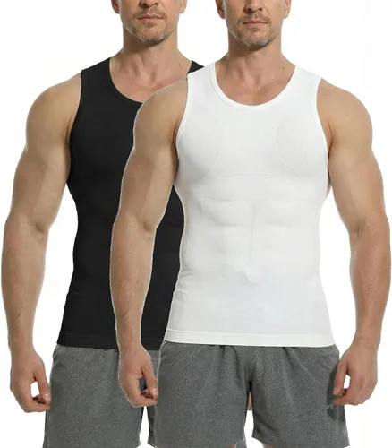 Vista 12 de Camiseta de compresión para hombre, chaleco sin costuras de 2 Pack negro