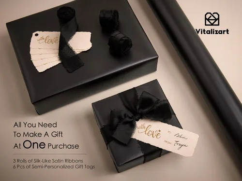 Vista 5 de Vitalizart Juego de papel de regalo metálico negro mate de 17 pulgadas con cinta de satén de seda y etiquetas de regalo, envoltura de regalos