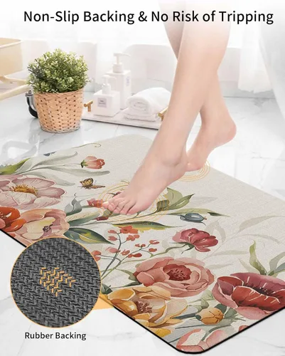 Vista 5 de Tapete de baño con flores retro para bañera, antideslizante, de secado rápido y absorbente, tierra de diatomeas, fregadero de cocina, ducha