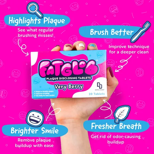 Vista 3 de Fatglob Tabletas reveladoras de placa Berry – Revisión de placa para niños y adultos, reemplazo de enjuague bucal para niños para ayuda