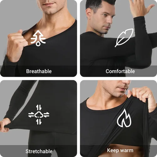 Vista 3 de PISIQI Ropa interior térmica para hombre ultra suave con capa base de forro polar para invierno esquí cálido Negro