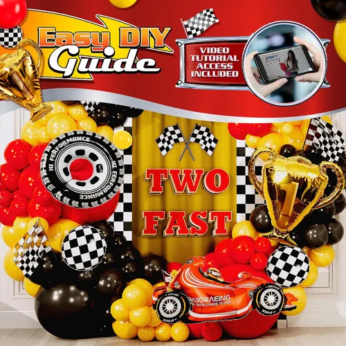 Vista 5 de Kit de arco de globos de coche de carreras TODO-EN-1 y guirnalda con TROFEO de REGALO y Número 2 - Globos de coches de carreras para suministros