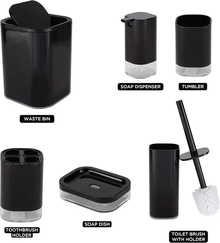 Vista 3 de Bath Bliss Juego de baño acrílico de 6 piezas Cepillo de inodoro Bote de basura Bomba de jabón Jabonera Vaso Soporte para cepillos