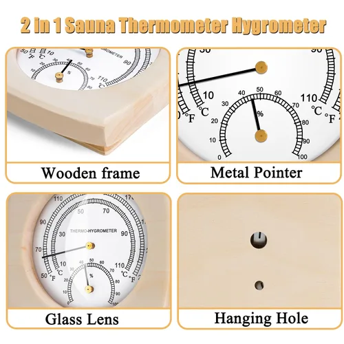 Vista 3 de Termómetro e higrómetro de madera para sauna - 2 en 1 Fahrenheit (50-250°F) para salas de barril/infrarrojos/vapor, diseño analógico de montaje