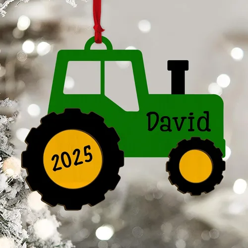 Vista 11 de Adorno de árbol de Navidad con nombre personalizado de madera para camión volquete, camión de transporte, equipo pesado, minicargadora, adorno