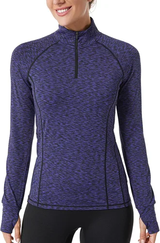 Vista 7 de Zengjo - Tops de entrenamiento con cremallera de un cuarto y manga larga para mujer, suéter de running con cremallera de 1/4 Negro/Gris