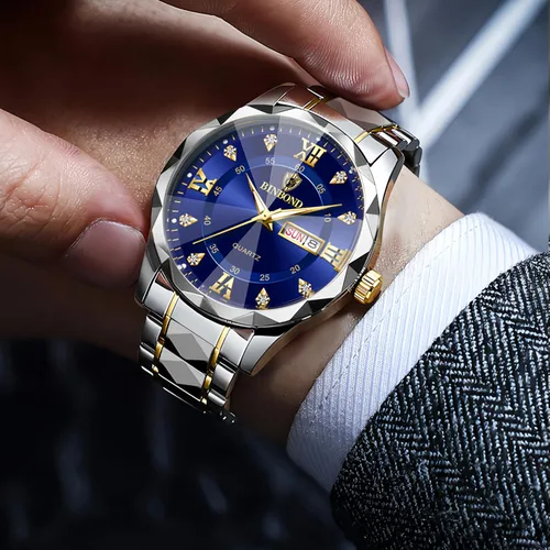 Vista 4 de Gosasa Luxury Men's and Women's Business Diamond Stainless Steel Waterproof Roman Numeral Analog Quartz Watch with Day-Date Calendar, Gold and