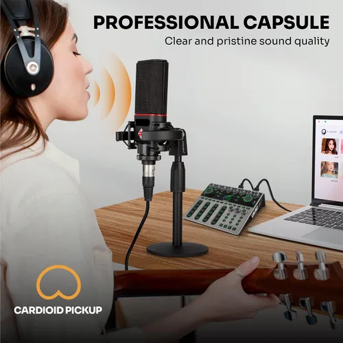 Vista 3 de Micrófono condensador PROAR XLR con diafragma de 0.984 in para voces y grabación Large diaphragm professional metal studio mic for PC recording