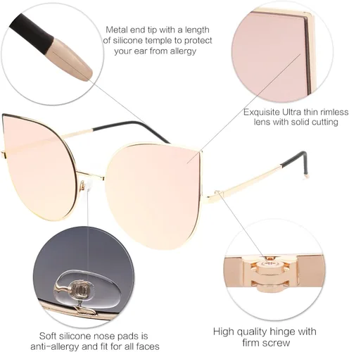 Vista 4 de SojoS SJ1022 anteojos de sol con lentes lisos y espejados con forma de ojos de gato, con marco de metal liviano y ultradelgado, para mujer