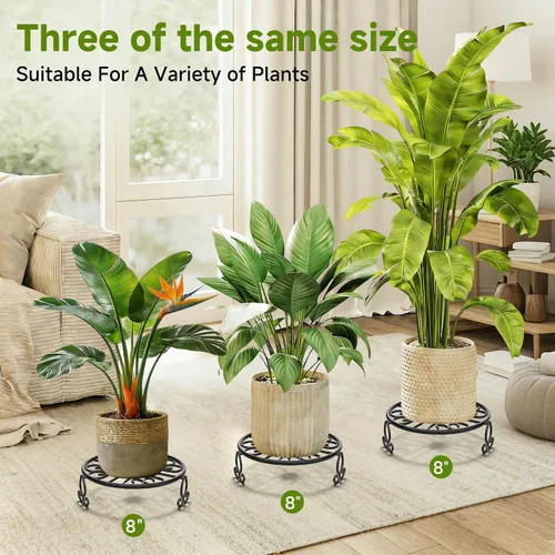 Vista 2 de Paquete de 3 soportes para plantas de hierro forjado para uso en exteriores e interiores, soporte de metal resistente a la corrosión, base negra