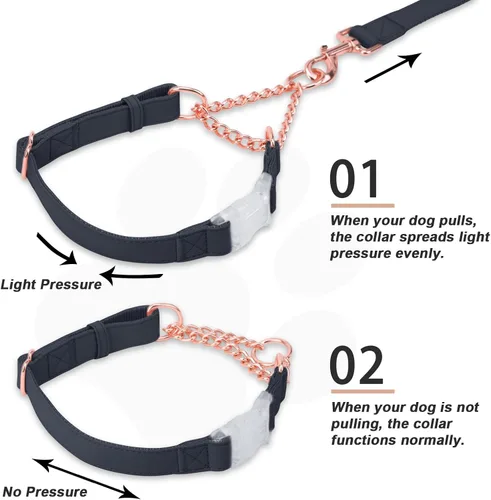 Vista 3 de Collar Martingala de cuero suave para perros, cadena de oro rosa limitada con hebilla de liberación rápida, elegante collar de entrenamiento