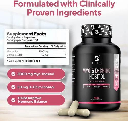Vista 3 de B Life Company Myo-inositol y D-Chiro Inositol 40:1 para mujeres Suplemento de inositol para mujeres Equilibrio hormonal, fertilidad y ciclo