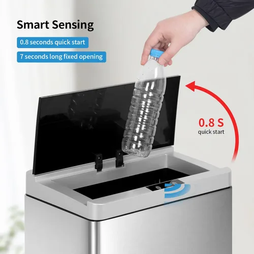 Vista 4 de Basurero automático de cocina de 13 galones con tapa, cubo de basura de acero inoxidable de 50 litros con sensor de movimiento y sin tacto, cubo