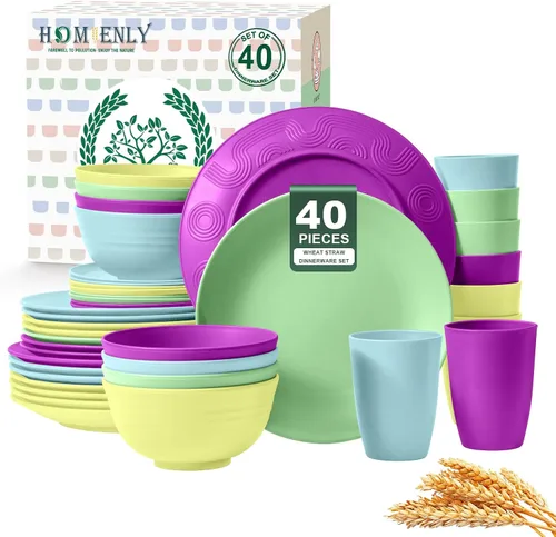 Vista 27 de Homienly Juegos de Vajilla Premium de Paja de Trigo, Platos y Tazones Ligeros e Irrompibles, Tazas, Servicio para 4, Apto para Lavavajillas