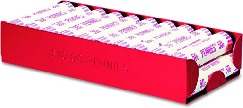 Vista 2 de MMF Industries Bandeja enrollada para monedas Rojo para centavos Diseño apilable Construcción de aluminio resistente Fácil de transportar