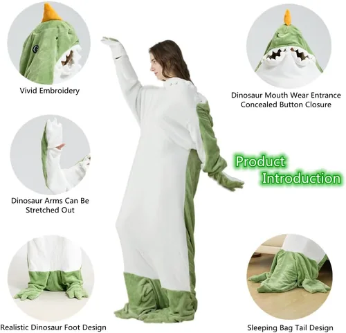 Vista 2 de Manta de Dinosaurio Vestible Saco de Dormir de Animal para Niños - Forro Polar de Franela Súper Suave, Cálido y Acogedor - Regalos de Dinosaurio