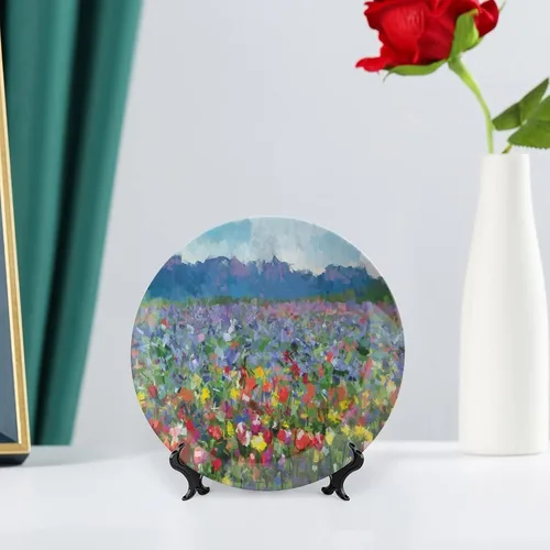 Vista 6 de Plato decorativo de porcelana redonda de 6 pulgadas, paisaje rural con ramo de flores de tulipán, prado de primavera, placa de exhibición para mesa