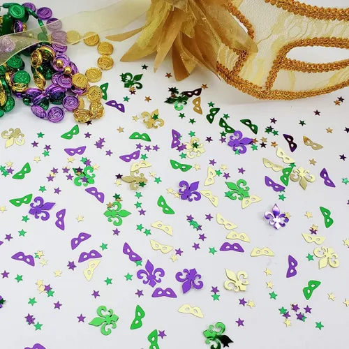 Vista 2 de Mardi Gras Confeti Flor de Lis, Máscara de Arlequín Estrella 1/4" – Paquete de 3 (1.5 oz) #3032