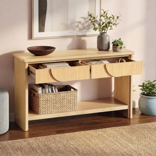 Vista 42 de 50" Modern Art Sculptural Console Table, Oval Cutout Legs, Wood Veneer, Thick Rounded Tabletop, Contemporary Entryway Sofa Table for Living Room