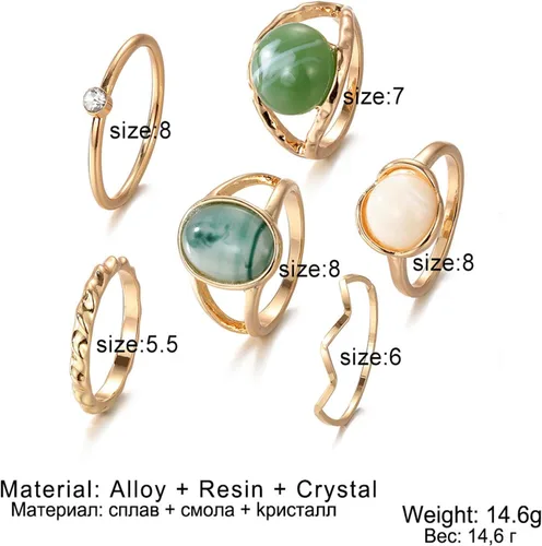 Vista 5 de Juego de 6 anillos de diamantes de imitación dorados y verdes para mujer, anillo de piedra preciosa natural, anillo de buena suerte, anillos verdes