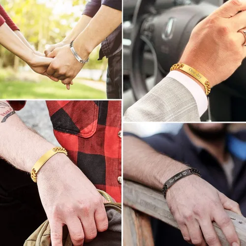 Vista 2 de FindChic Pulseras de identificación personalizadas con barra de nombre para hombres y mujeres, chapadas en oro de 18 quilatesacero inoxidablenegro