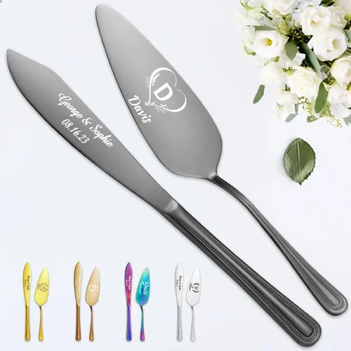 Vista 13 de STREADVE Juego de corte de pastel personalizado para boda, juego de cuchillos y servidores grabados, juego de corte personalizado, regalo para Negro