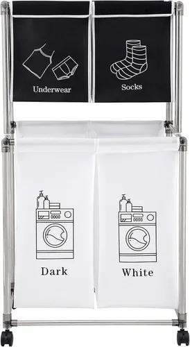 Vista 4 de Cesta de lavandería vertical de 2 niveles con 4 bolsas extraíbles para lavandería, con cuatro ruedas para fácil movimiento, espacios pequeños