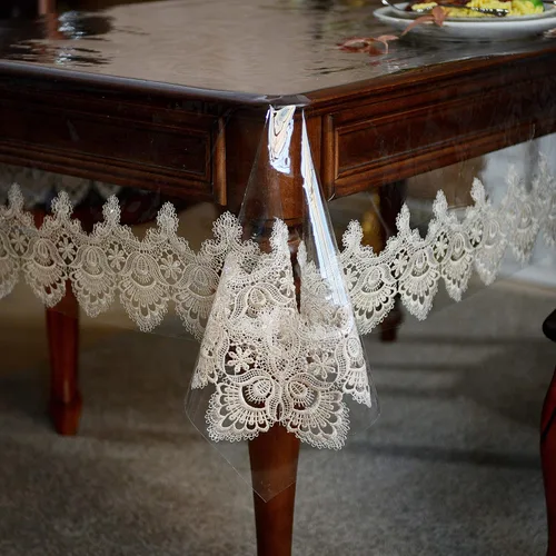 Vista 8 de SUTAVIA - Mantel de TPU transparente 100% impermeable con encaje, protector de mesa PVC a prueba de aceite y derrames, mantel transparente oblongo