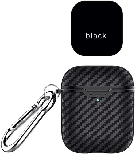 Vista 3 de Compatible con auriculares Airpods 1 y 2, fibra de carbono fresco grano militar anti-caída flexible TPU protector antidedos con llavero negro