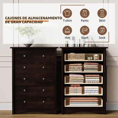 Vista 3 de Flamaker Cómoda alta para dormitorio, cómoda de 5 cajones, cómoda de madera, cómoda ancha, cajones de almacenamiento, organizador de almacenamiento