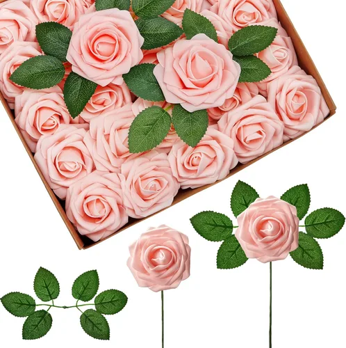 Vista 7 de InnoGear Flores artificiales, paquete de 50 unidades, rosas artificiales de espuma negras con tallos a granel para decoración, ramos de boda DIY