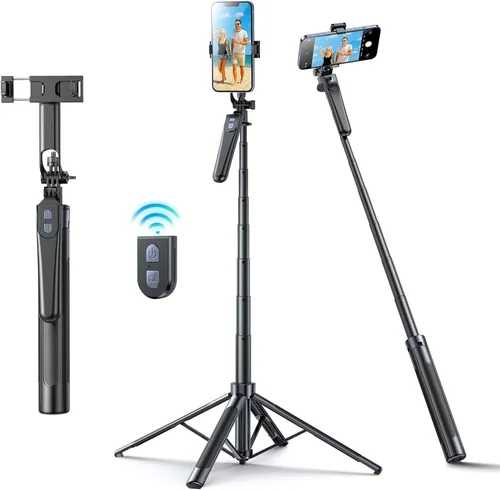 Vista 7 de Trípode Selfie Stick, trípode de 71 pulgadas para iPhone, rotación de 360° con control remoto inalámbrico, soporte portátil de aluminio