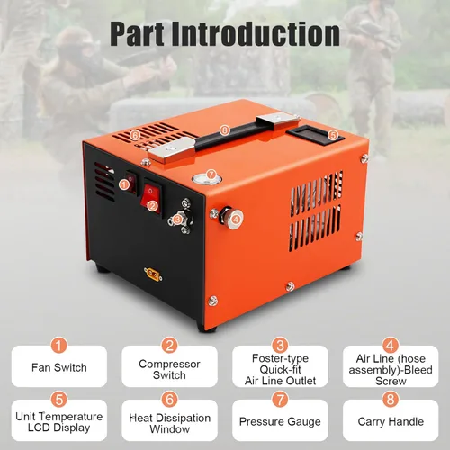 Vista 7 de Compresores de aire Pcp, compresor portátil de 12 V, 30 pistolas de aire de alta presión Mpa 250w Motor 12500rpm Ventilador de enfriamiento 4500psi