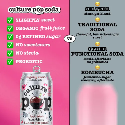 Vista 5 de Culture Pop Soda, cereza negra espumosa de Noah Kahan, soda probiótica baja en azúcar, alternativa al jugo espumoso, sin OMG, kosher, sin gluten