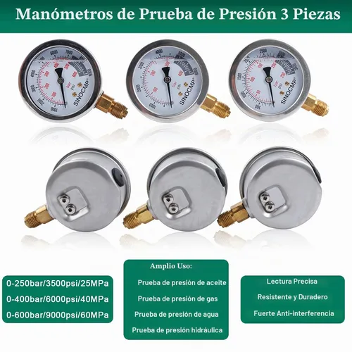 Vista 3 de Kit de manómetro hidráulico versión mejorada, 25/40/60 MPa 3 manómetro 6 acoplamiento de prueba, 3 mangueras de prueba, 1 estuche de almacenamiento