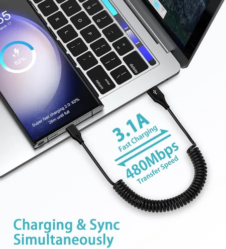 Vista 4 de Cable USB C a USB, Android Auto de 3 pies + 5 pies en espiral para automóvil, cable retráctil de carga rápida tipo C para Samsung Galaxy S26 Ultra